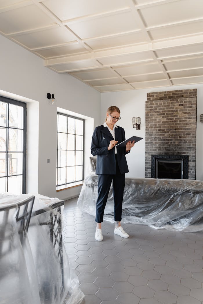 portfolio-02 Real estate agent in a suit reviewing paperwork inside a newly renovated home.